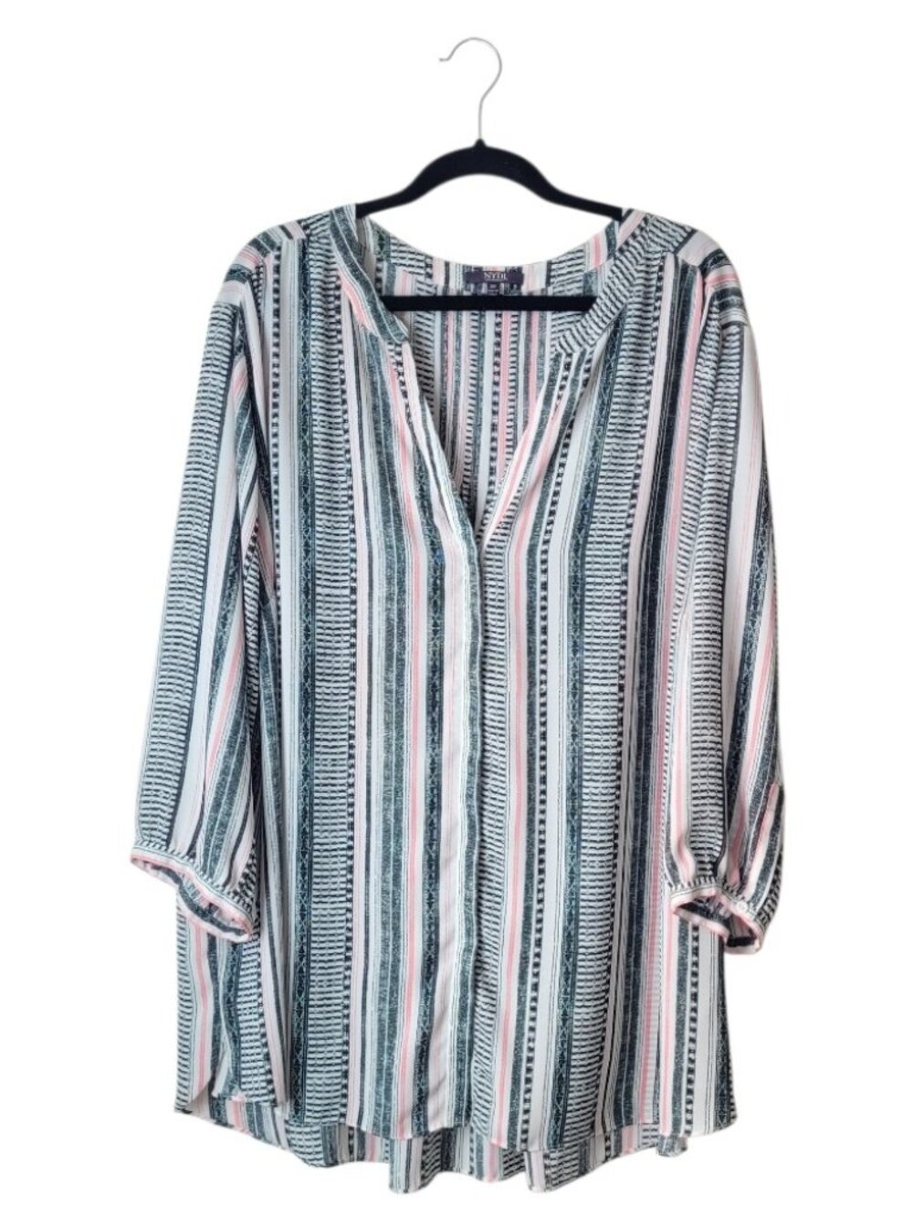 NYDJ Pink and Black Striped Pintuck Blouse
